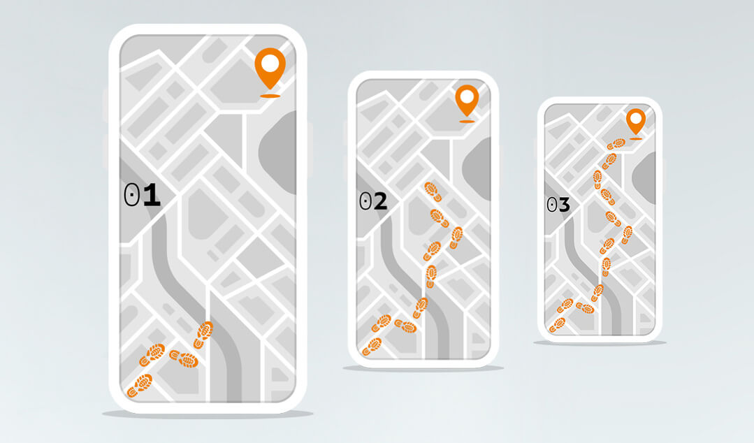 Drei Maps mit orangen Fußspuren und den Ziffern 1, 2 und 3 illustrieren den Weg zum Job, den Job-TransFair seinen Teilnehmern  und Teilnehmerinnen bietet.