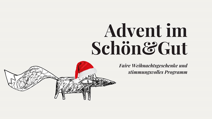 Logo für unser Adventprogramm in unserem Social Concept Store Schön und Gut. "Advent im Schön und Gut: Faire Weihnachtsgeschenke und stimmungsvolles Programm."